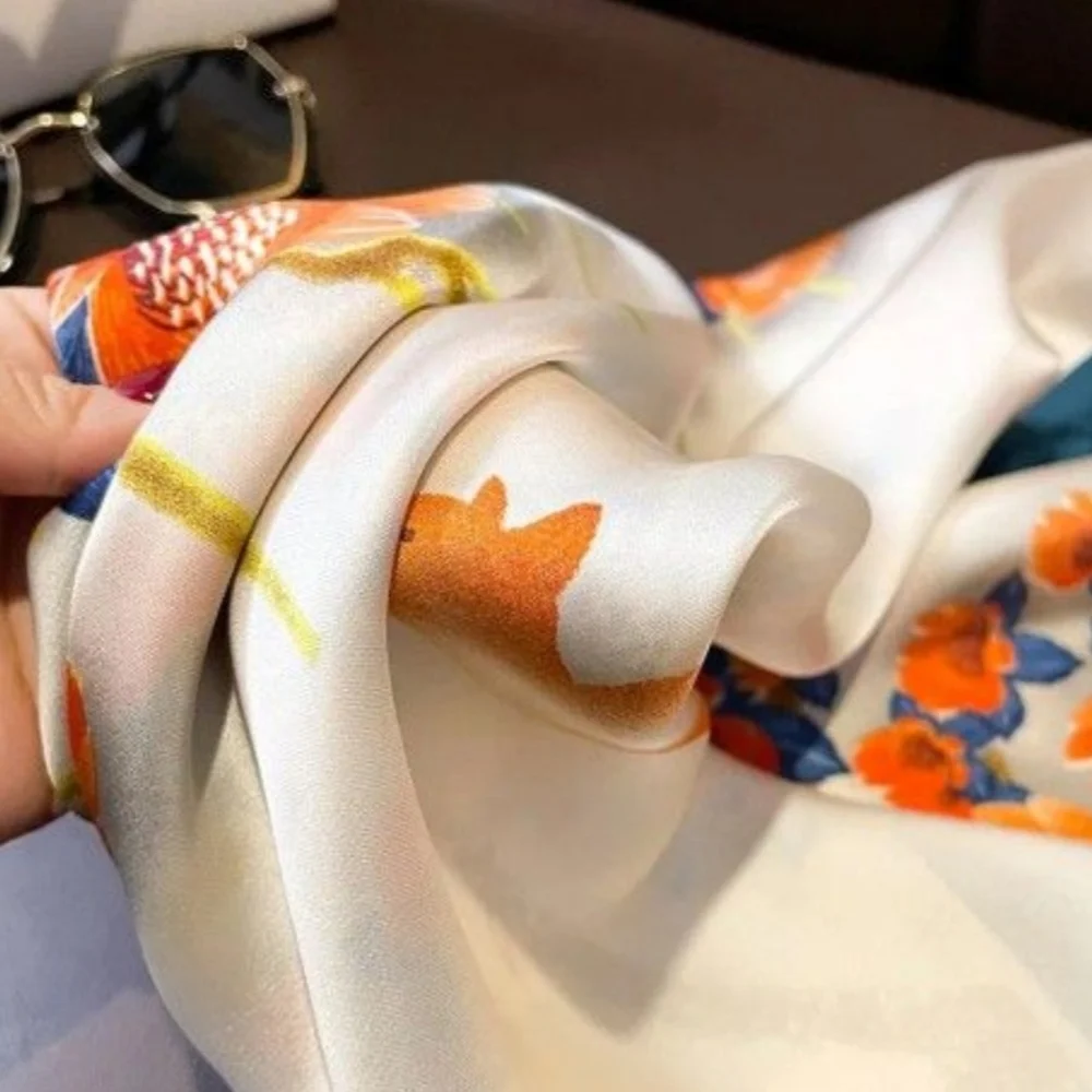 Floral Silk Scarf in Blue and Orange